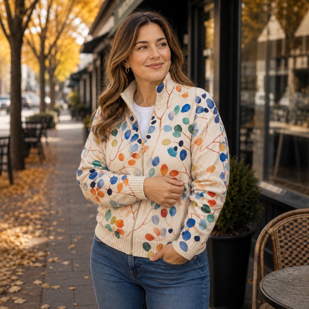 Patricia | Botanical Leaf Print Zip Cardigan