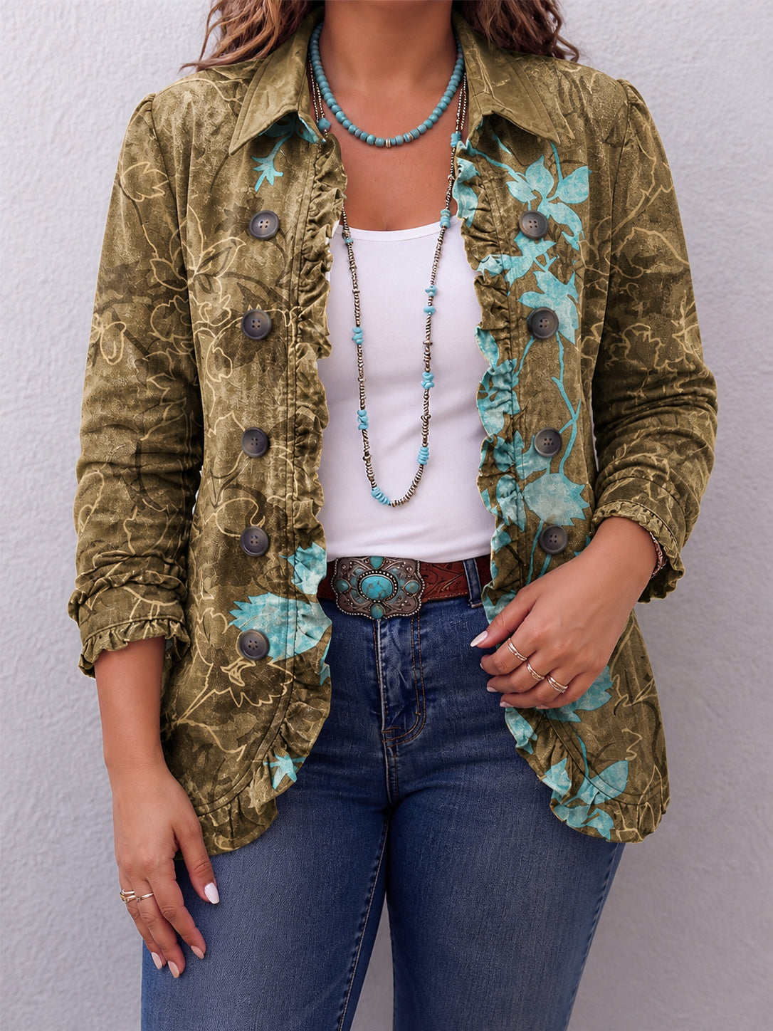 Sundara | Boho Gradient Vintage Floral Ruffle Jacket