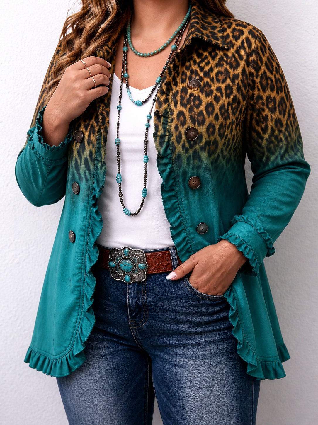 Elspeth | Leopard Ombre Ruffle Blazer Jacket