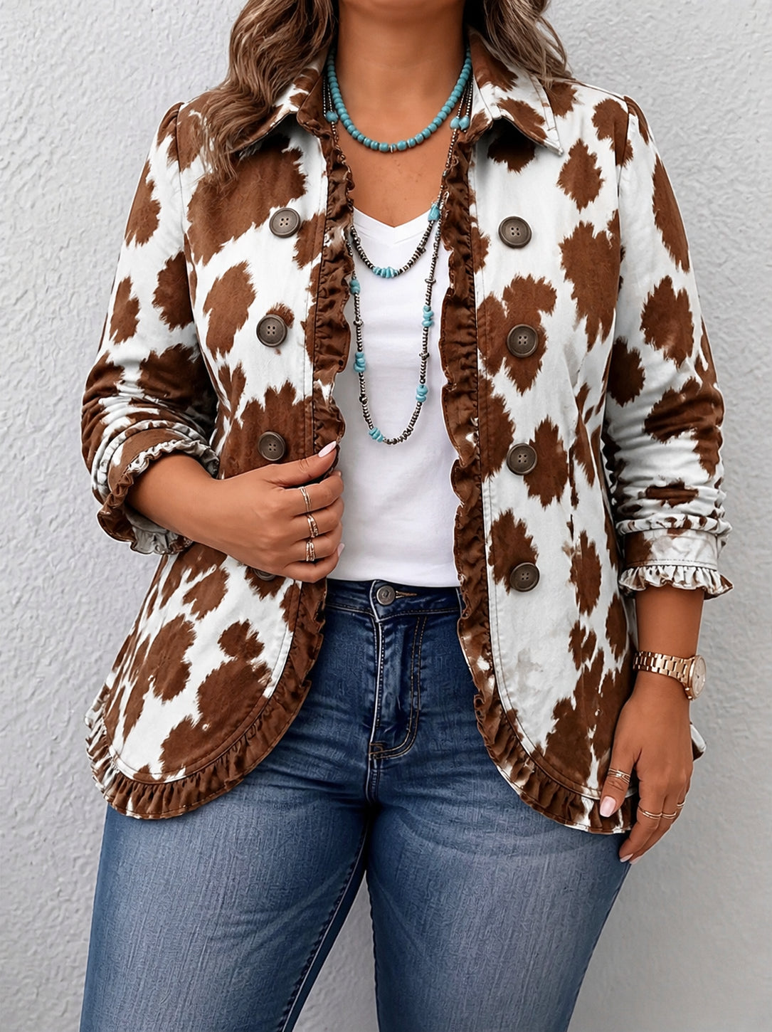 Holliday | Cow-Print Ruffle Jacket